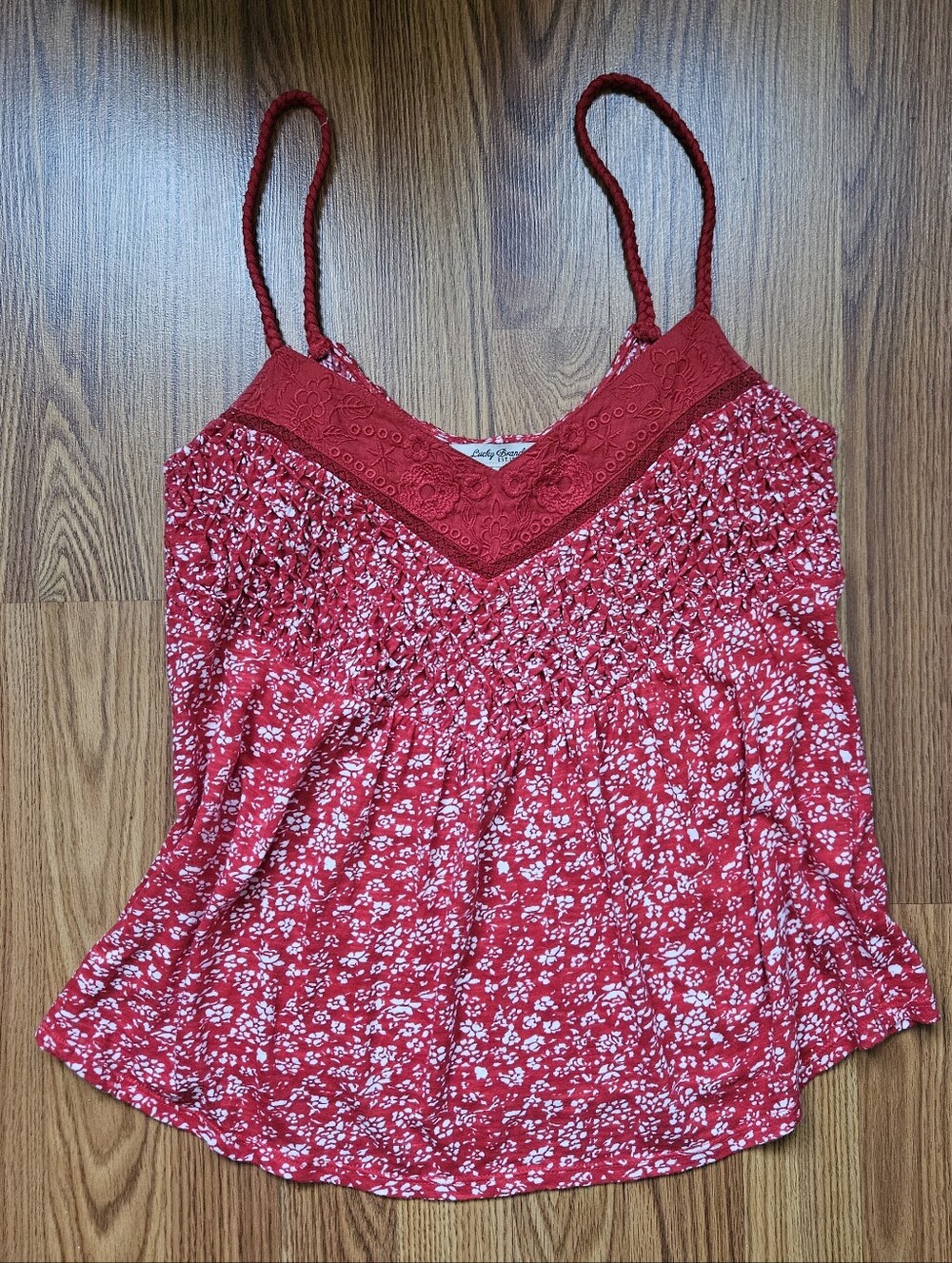 Lucky Brand Red Floral Lace-Trim Cami Sz M